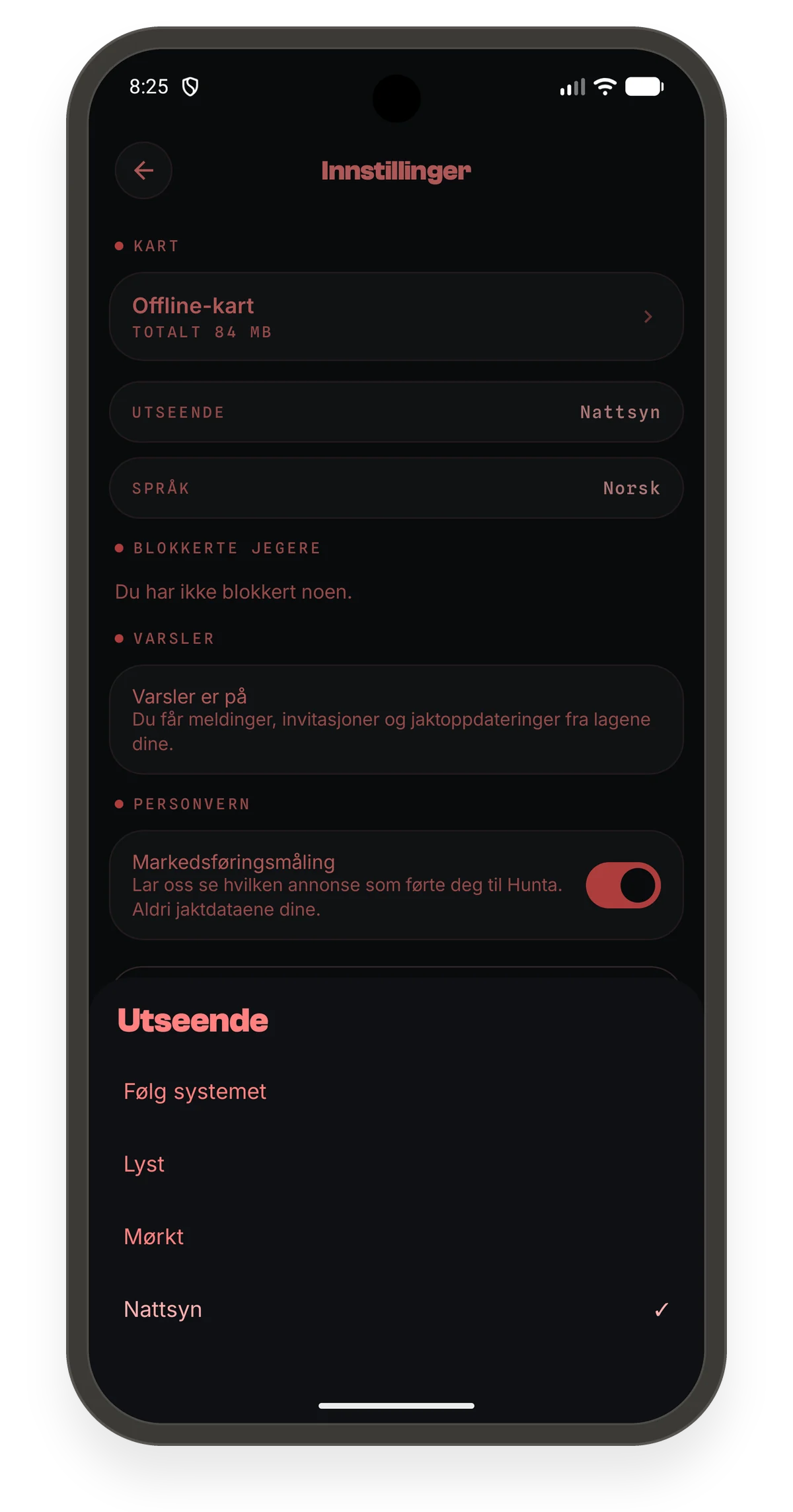 Valg av utseende i innstillingene