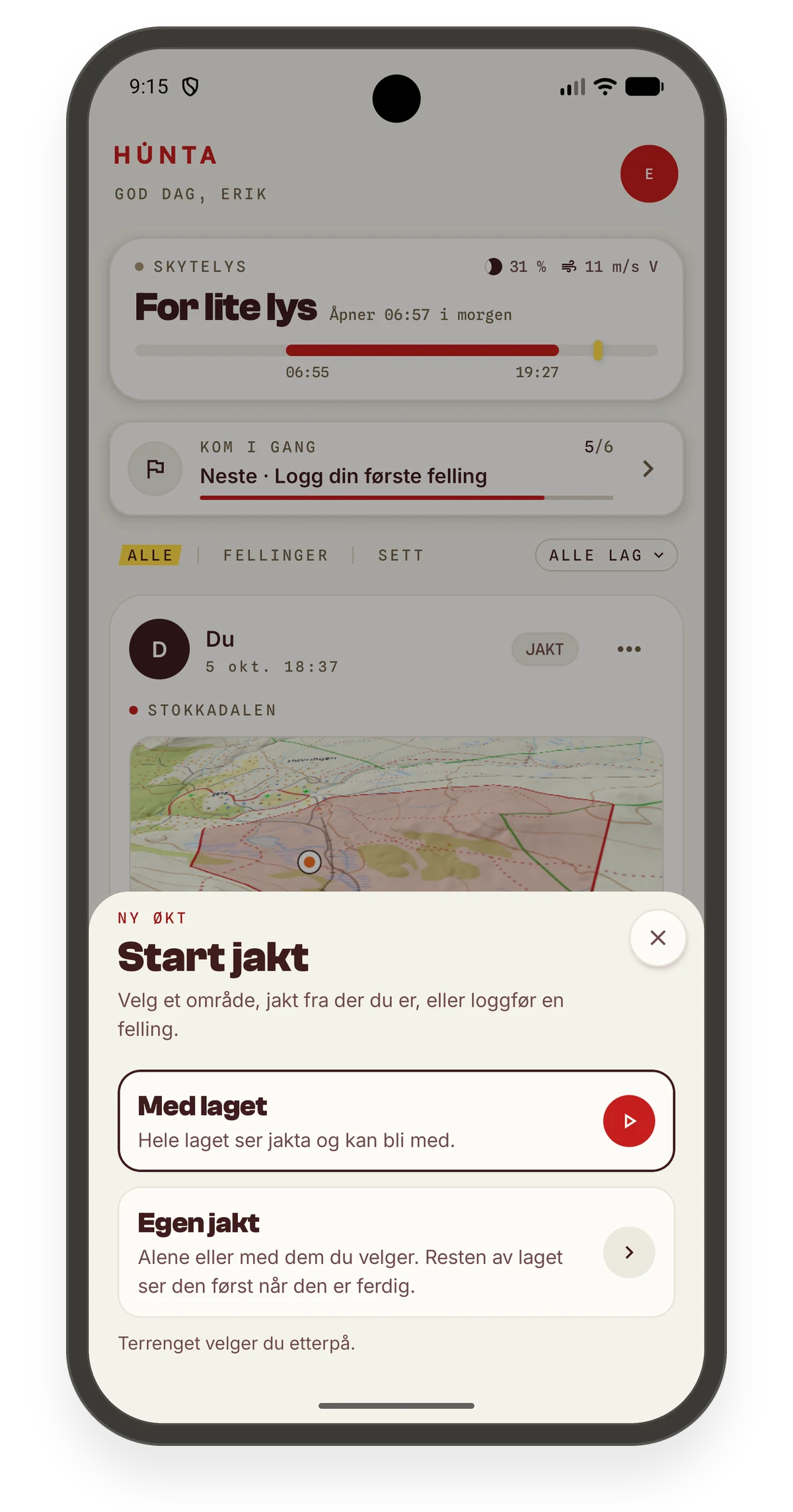 Startarket med Med laget og Egen jakt